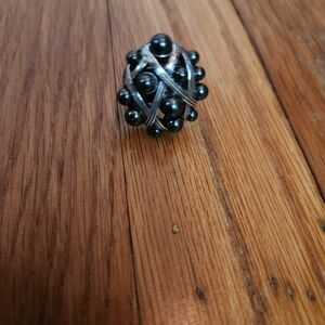 Brighton Cluster Cocktail Ring Black / Gray Faux Pearls Domed Statement Sz 5.25